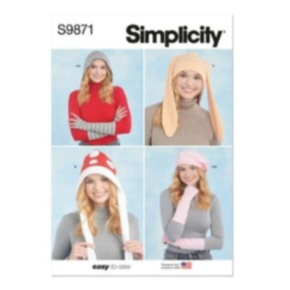 Simplicity Pattern 9871 Knit Hats Beanie Beret Bunny Ears Arm Warmers Sizes S-L - Picture 1 of 7